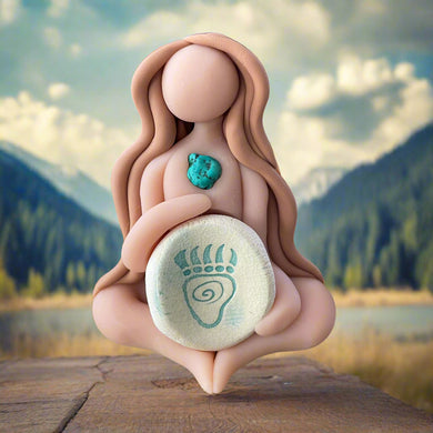 Ceramic figurine of a nude woman holding a stone with a symbol, surrounded by shells and natural elements.