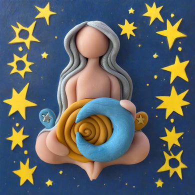 Fimo figurine of a woman holding a spiral object on a textured surface