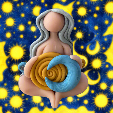 Sculpture of a woman holding a blue and yellow spiral against a cloudy sky background