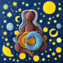 polymer sculpture of a woman with a spiral design on a textured surface