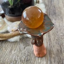 Feminine sphere stand w/honey calcite sphere (Glazed Earthen Clay)